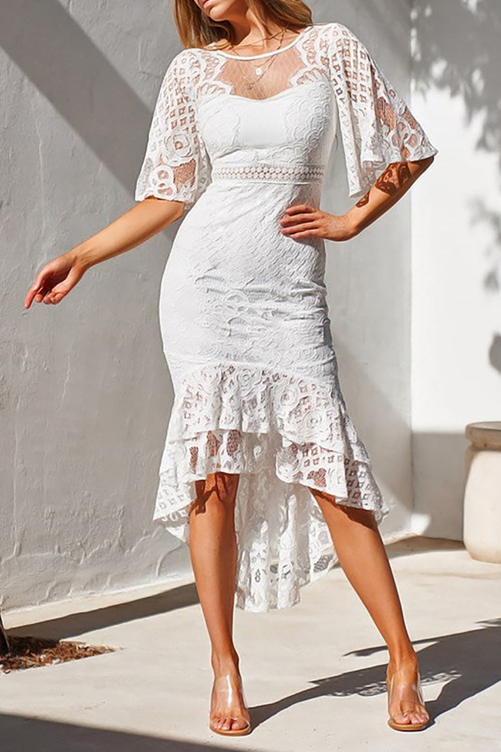 White Mermaid Lace Midi Dress With Half Sleeves