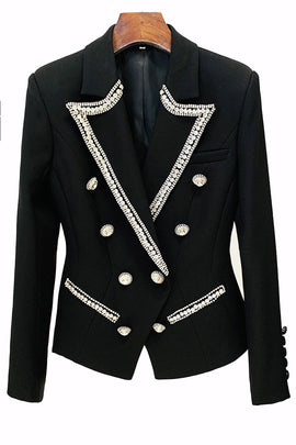 Fashionable Diamond Beaded Double Breasted Slim Women Blazer