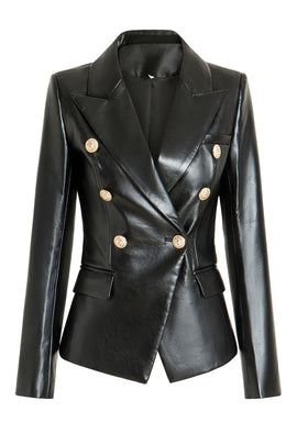 Black PU Double Breasted Women Blazer