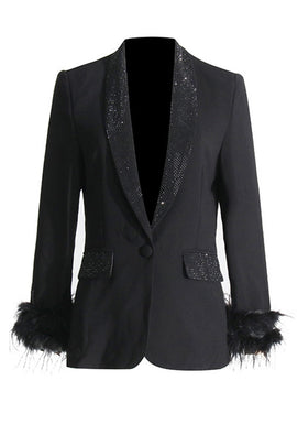 Sparkly Shawl Lapel Women Blazer with Feathers