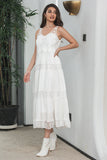 Simple Tea-length Lace White Sleeveless Boho Beach Holiday Dress