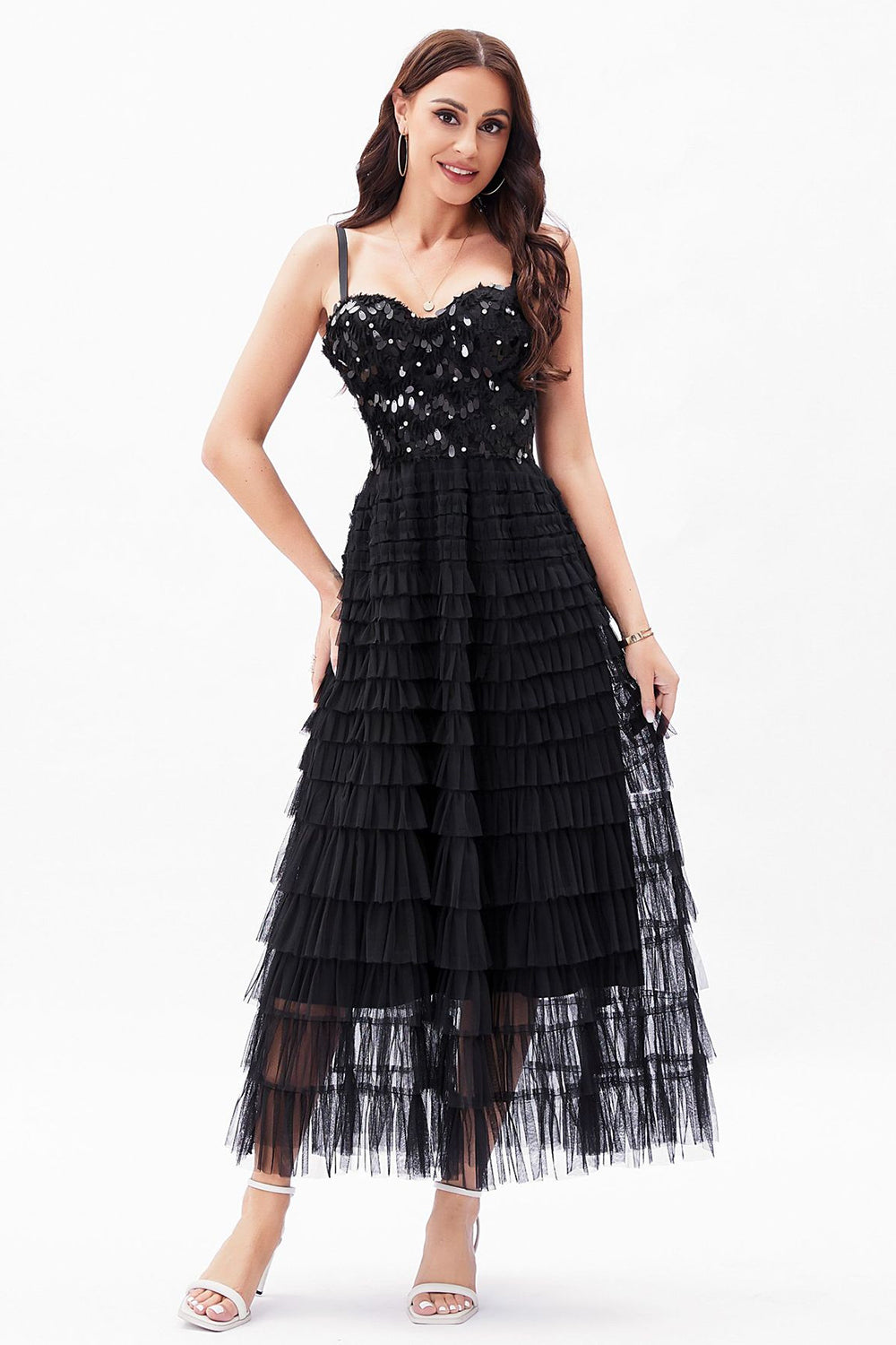 Black A-Line Tulle Tiered Corset Party Dress