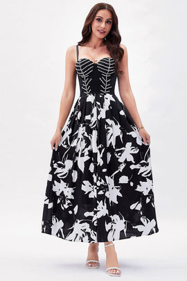 Black White Flower Printed A-Line Spaghetti Straps Party Dress