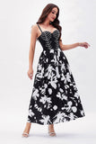 Black White Flower Printed A-Line Spaghetti Straps Party Dress