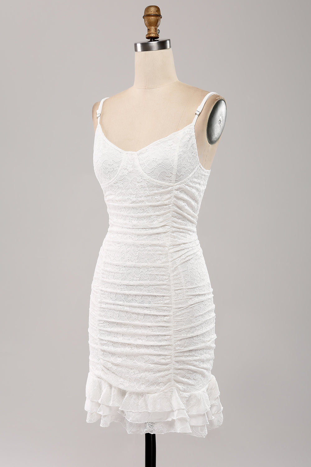 Spaghetti Straps Bodycon Pleated Lace Little White Graduation Dress