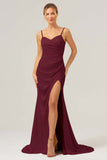 Simple Dusty Sage Spaghetti Straps Long Bridesmaid Dress with Slit