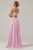 Eucalyptus Open Back Boho Chiffon Long Bridesmaid Dress with Lace