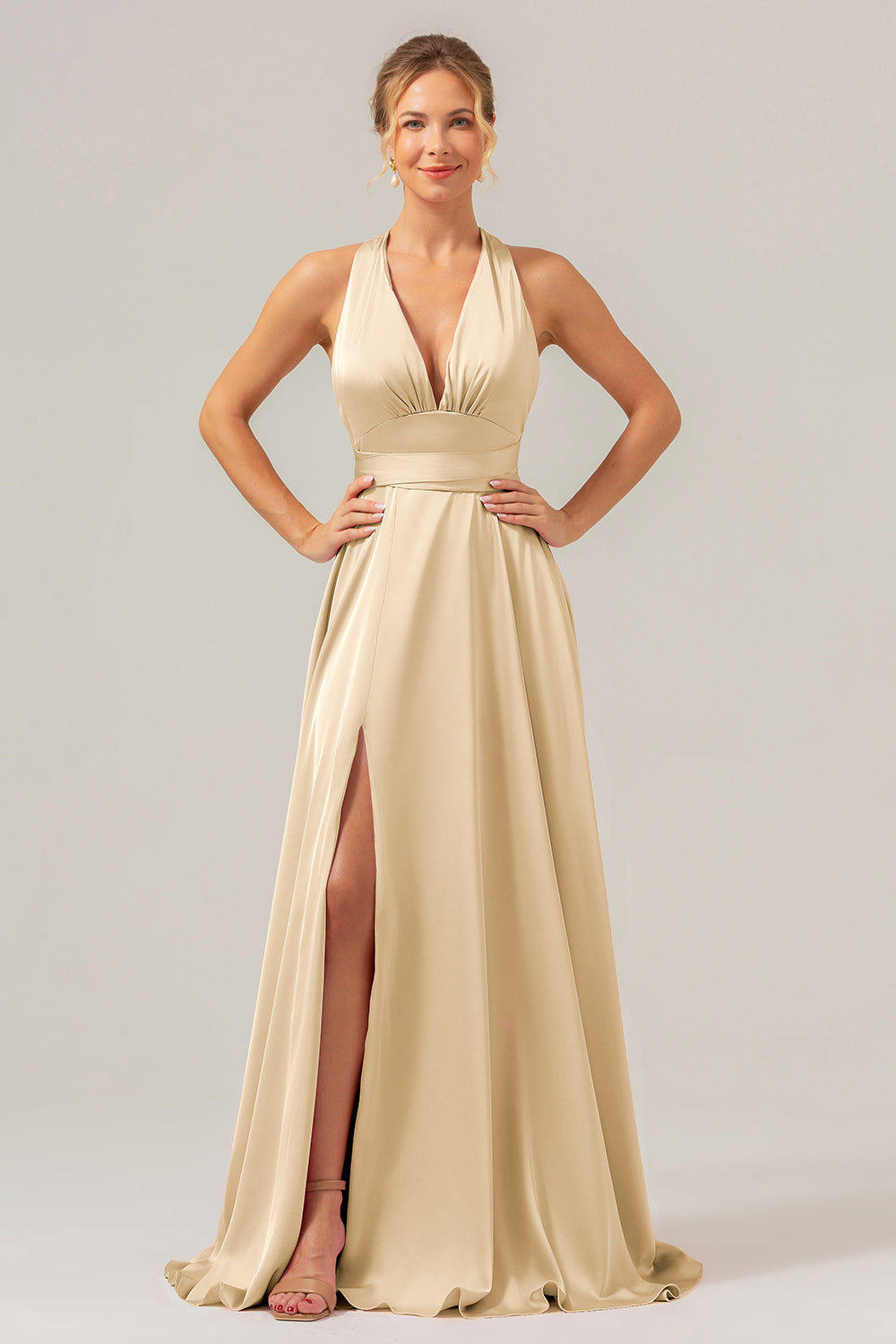 Pink A Line V-Neck Backless Long Bridesmaid Dress with Slit