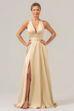 Pink A Line V-Neck Backless Long Bridesmaid Dress with Slit