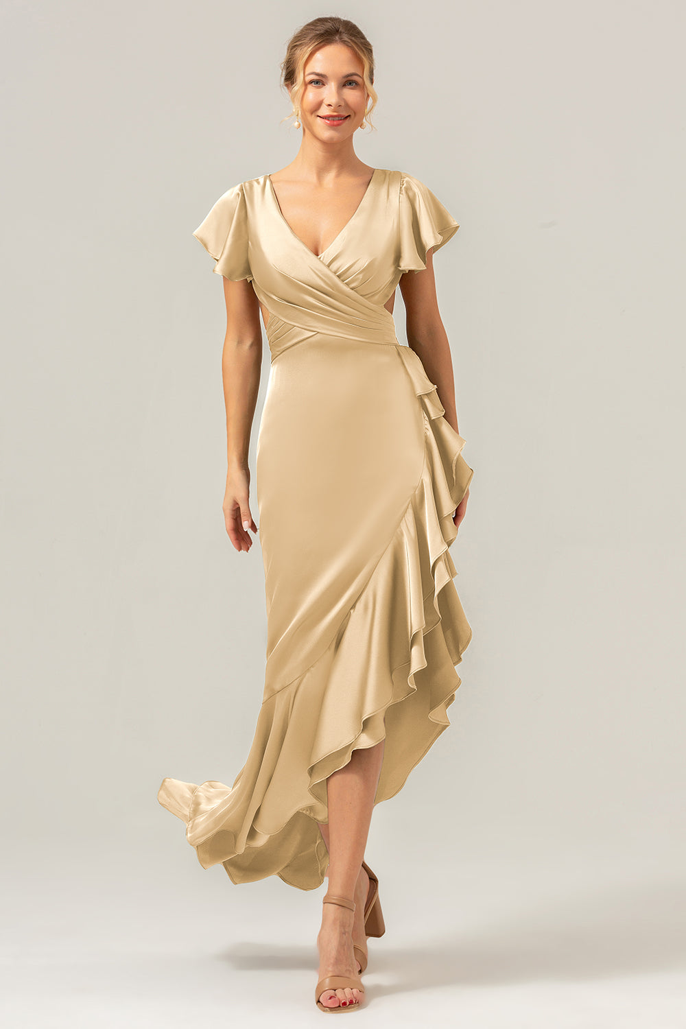 Olive V Neck Backless Sheath Wedding Guest Dress with Ruffles