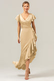 Olive V Neck Backless Sheath Wedding Guest Dress with Ruffles