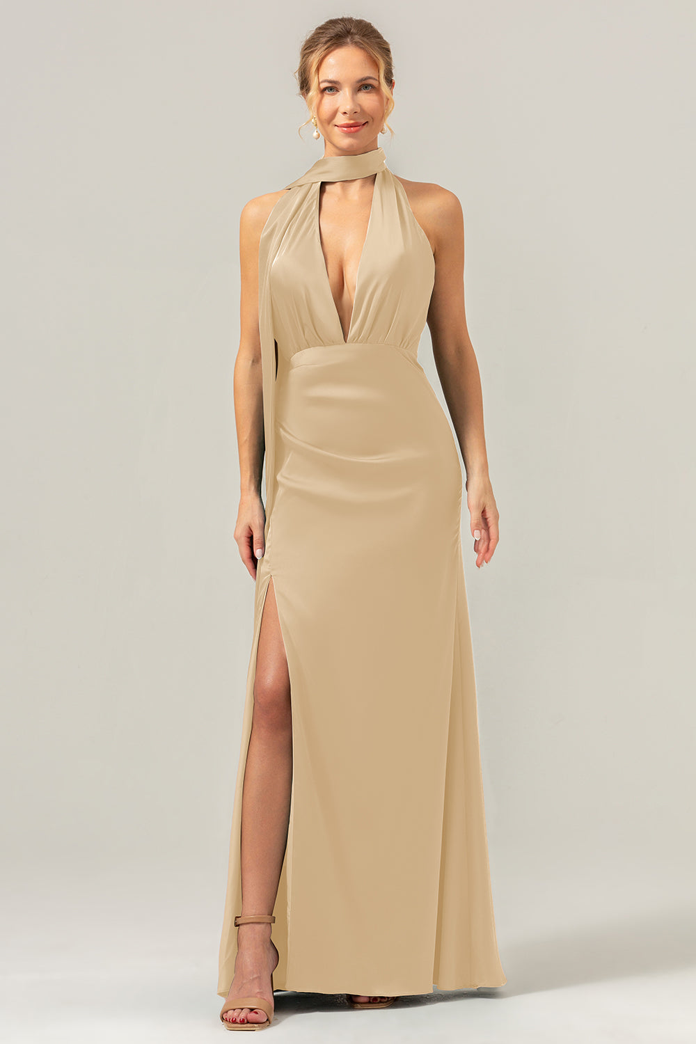 Peacock Sheath V-Neck Backless Long Bridesmaid Dress with Slit