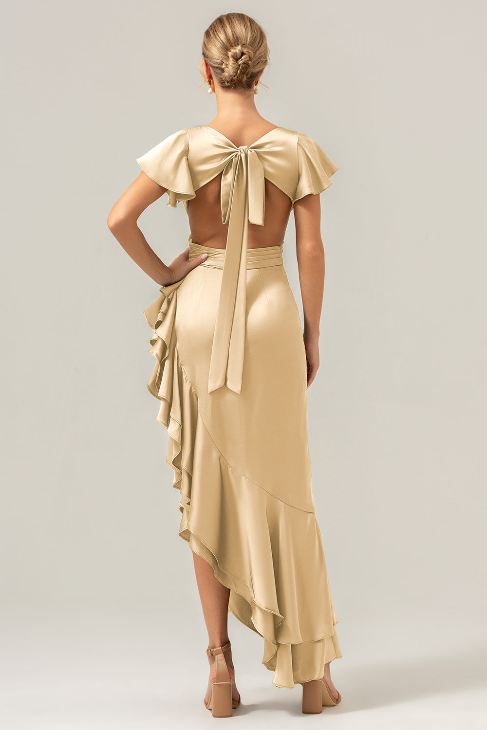 Olive V Neck Backless Sheath Wedding Guest Dress with Ruffles