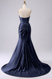 Sparkly Darrk Navy Mermaid Sweetheart Corset Long Prom Dress with Slit