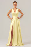 Pink A Line V-Neck Backless Long Bridesmaid Dress with Slit