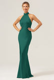 Halter Sheath Dark Green Long Bridesmaid Dress with Back Slit