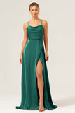 Martini Spaghetti Straps Swing Collar Long Bridesmaid Dress with Slit