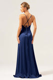 Martini Spaghetti Straps Swing Collar Long Bridesmaid Dress with Slit