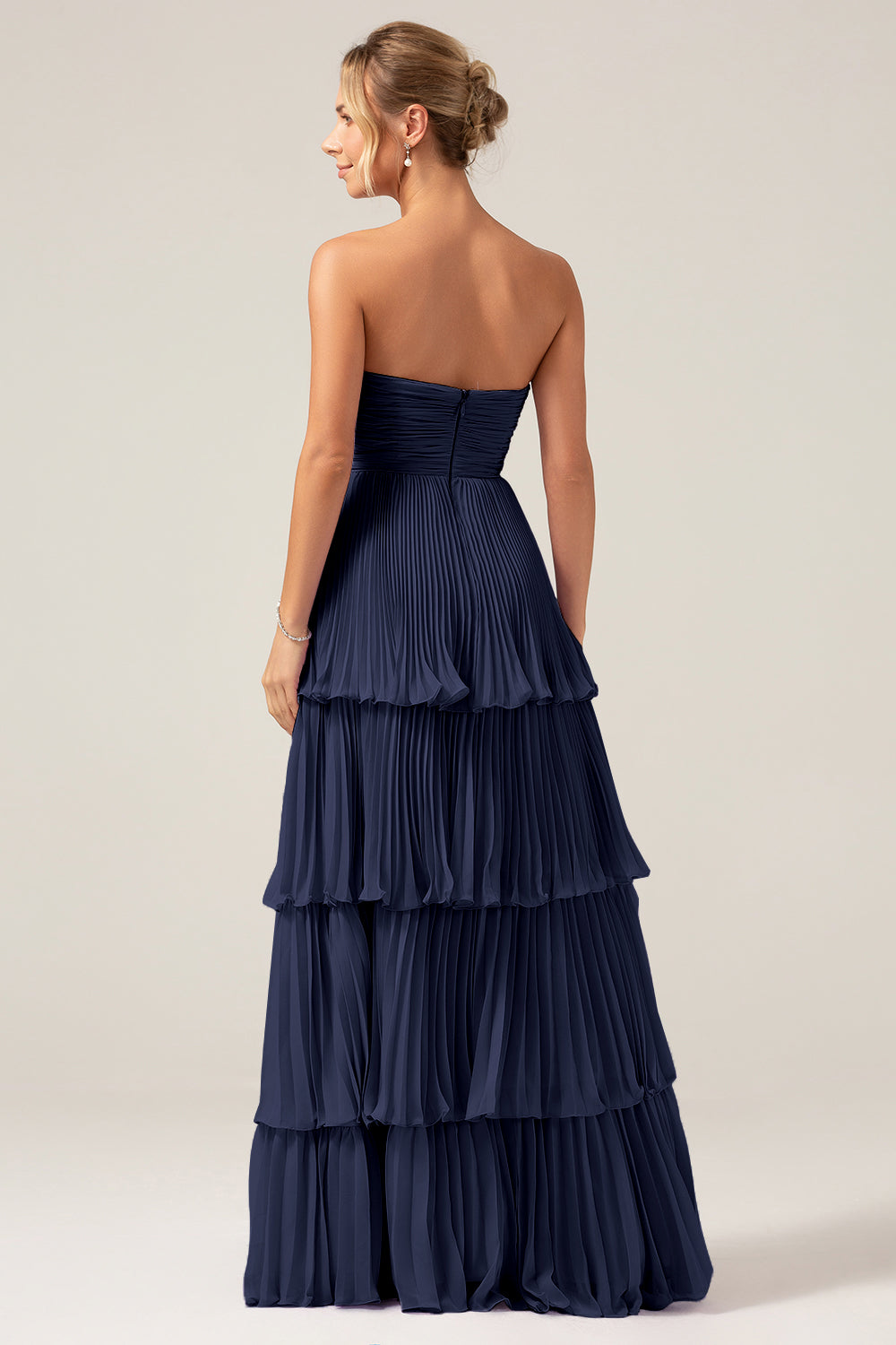 Flowy Chiffon Dusty Blue Sweetheart Tiered Long Bridesmaid Dress