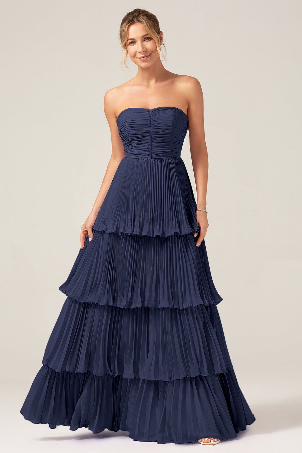 Strapless Bridesmaid Dress with Pleated Dark Navy A Line Chiffon Long Wedding Party Dress