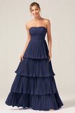 Strapless Bridesmaid Dress with Pleated Dark Navy A Line Chiffon Long Wedding Party Dress