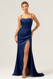 Spaghetti Straps Agave Corset Long Bridesmaid Dress with Slit