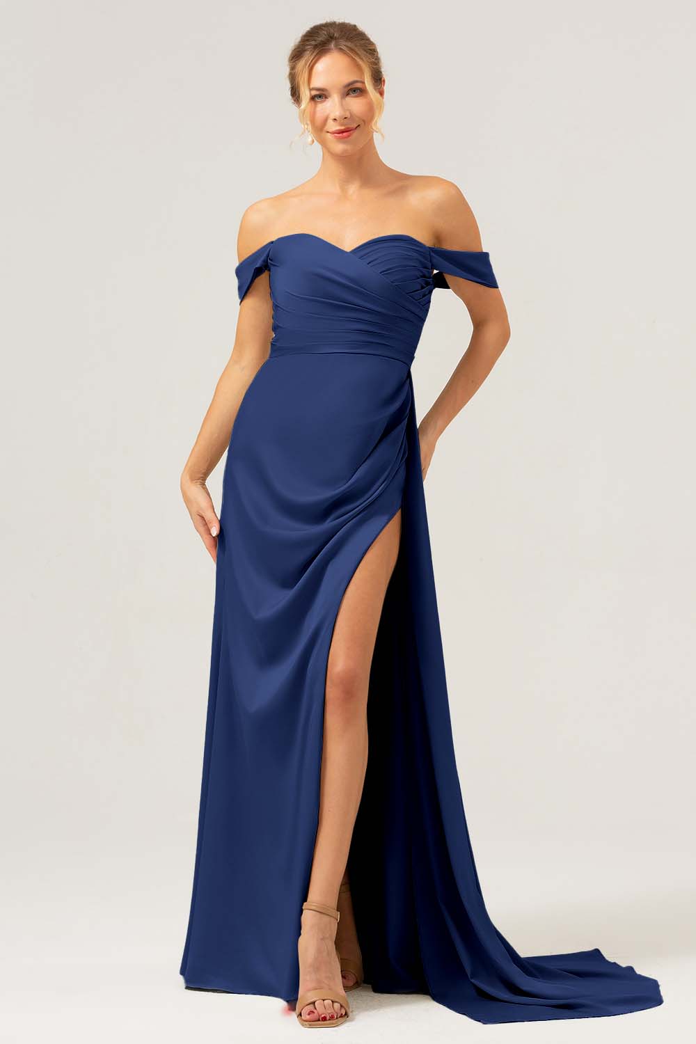 Dusty Sage Off The Shoulder Long Bridesmaid Dress with Slit