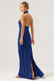 Dusty Blue Halter Long Bridesmaid Dress with Back Slit