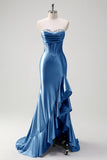 Sparkly Grey Blue Sweetheart Mermaid Long Prom Dress with Ruffles