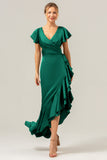 Olive V Neck Backless Sheath Wedding Guest Dress with Ruffles