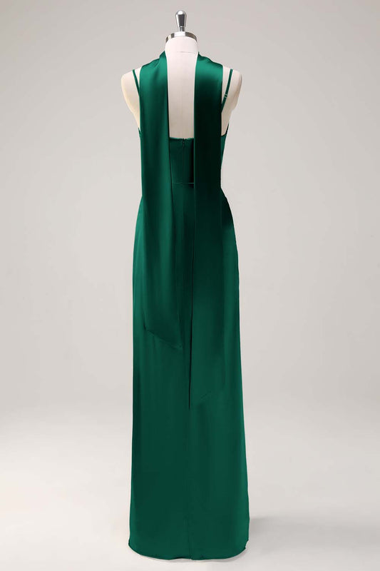 Sage Sheath Spaghetti Straps Satin Long Bridesmaid Dress with Slit