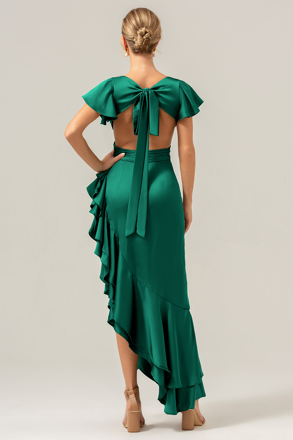 Olive V Neck Backless Sheath Wedding Guest Dress with Ruffles