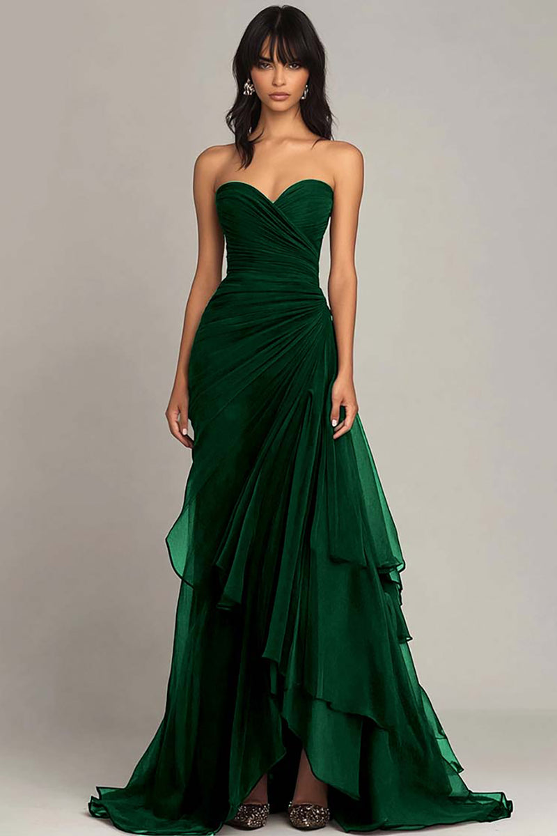 Dark Green Sweetheart Ruffled Formal Dress Ruched Black Tie Dress Strapless Mermaid Evening Dress