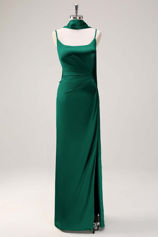 Sage Sheath Spaghetti Straps Satin Long Bridesmaid Dress with Slit