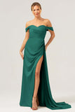 Sage Off The Shoulder Long Bridesmaid Dress with Slit