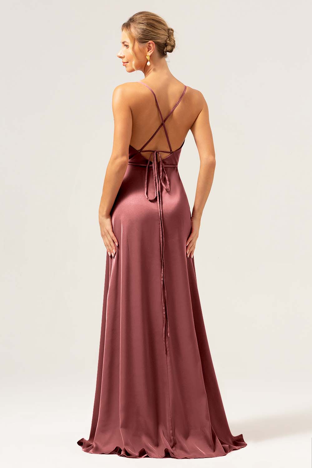 Martini Spaghetti Straps Swing Collar Long Bridesmaid Dress with Slit