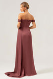 Dusty Sage Off The Shoulder Long Bridesmaid Dress with Slit