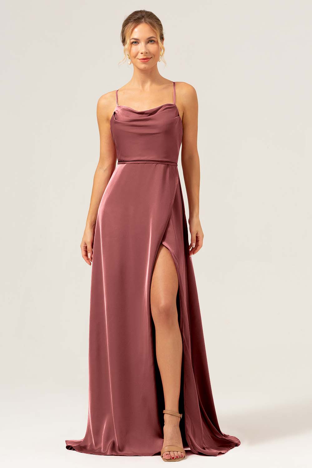 Martini Spaghetti Straps Swing Collar Long Bridesmaid Dress with Slit