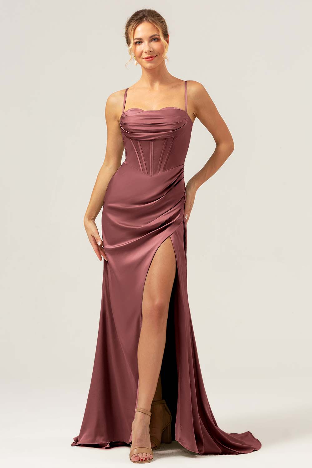 Spaghetti Straps Agave Corset Long Bridesmaid Dress with Slit