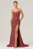 Simple Dusty Sage Spaghetti Straps Long Bridesmaid Dress with Slit