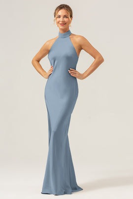 Dusty Blue Halter Long Bridesmaid Dress with Back Slit