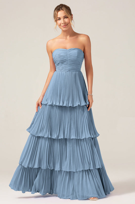 Strapless Bridesmaid Dress with Pleated Dusty Blue A Line Chiffon Long Wedding Party Dress