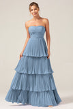 Strapless Bridesmaid Dress with Pleated Dusty Blue A Line Chiffon Long Wedding Party Dress