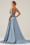 A Line Spaghetti Straps Royal Blue Satin Prom Dress with Slit