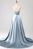 Royal Blue A Line Spaghetti Straps Satin Prom Dress with Slit