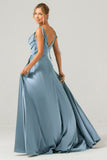 Royal Blue A-Line Spaghetti Straps Ruched Long Bridesmaid Dress with Slit