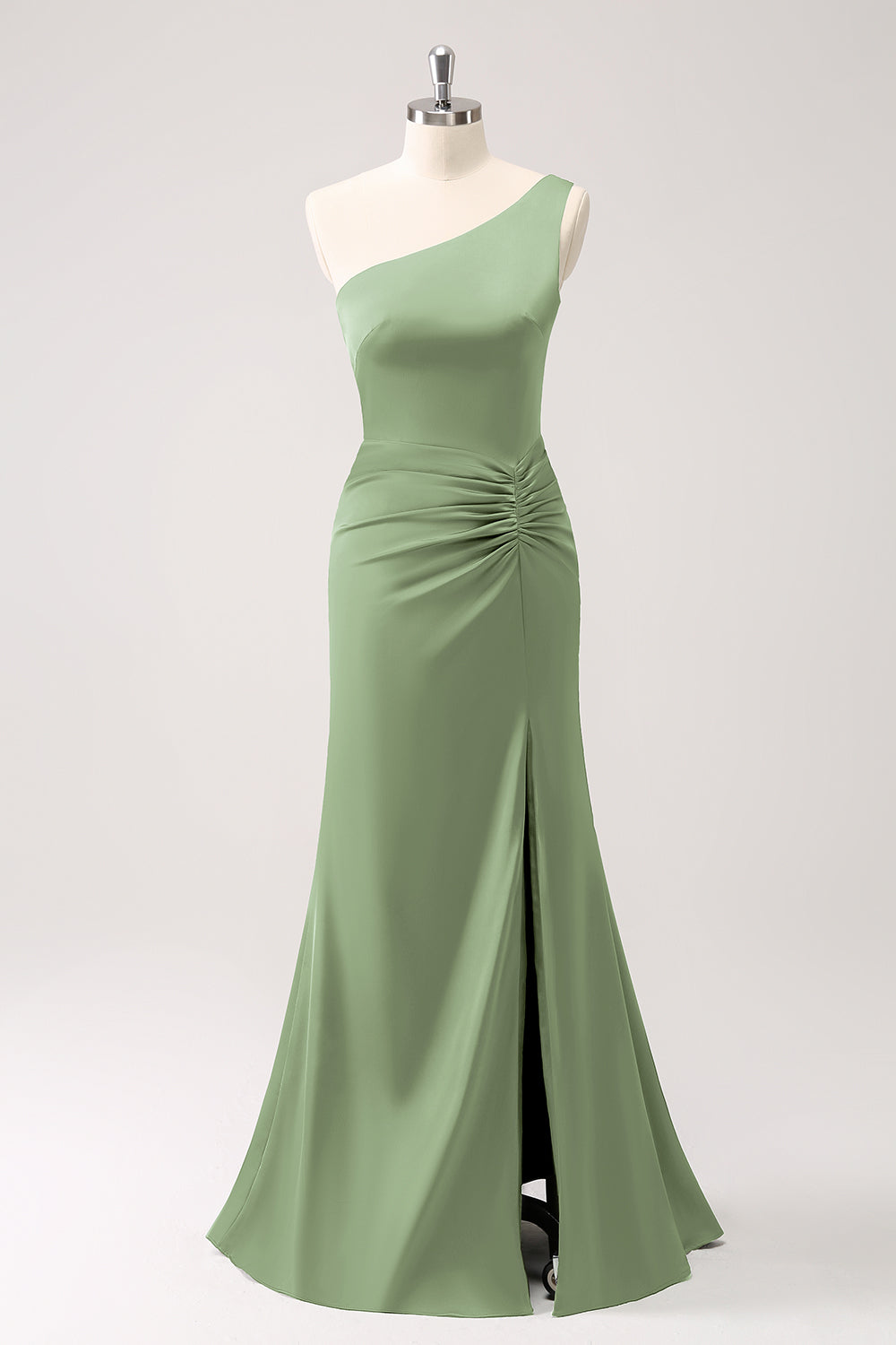 Eucalyptus One Shoulder Mermaid Satin Long Bridesmaid Dress