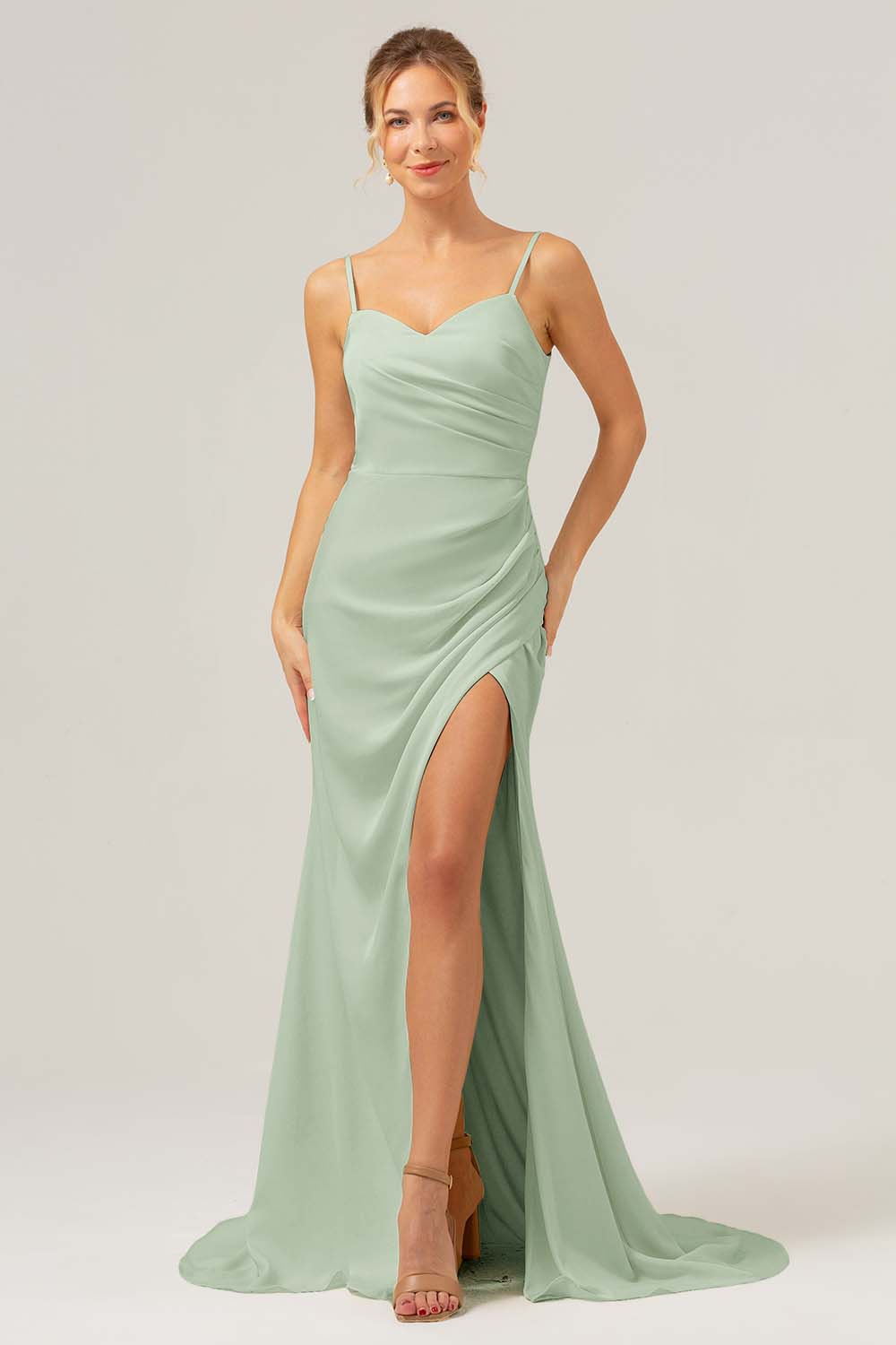 Simple Dusty Sage Spaghetti Straps Long Bridesmaid Dress with Slit