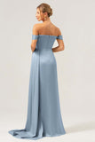 Sage Off The Shoulder Long Bridesmaid Dress with Slit