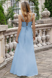 A Line Spaghetti Straps Matcha Long Bridesmaid Dress with Lace Up Back